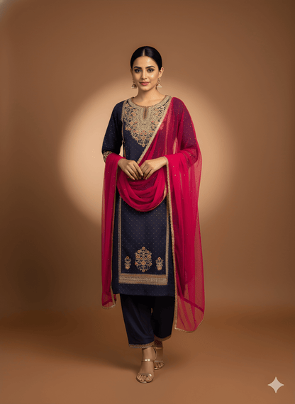 Purple Round Neck Viscose Kurta Set with Dupatta