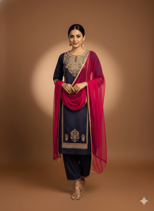 Purple Round Neck Viscose Kurta Set with Dupatta