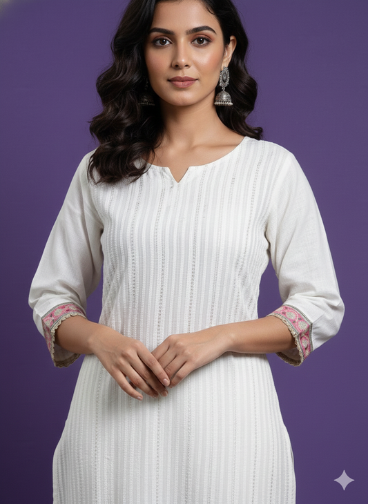 White Round V-Neck Silk 2PCS Set