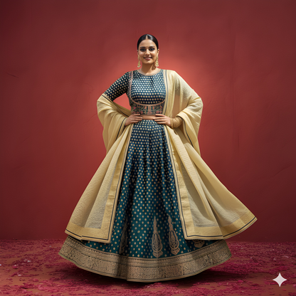 Green Round Neck Silk Kurta Set with Dupatta