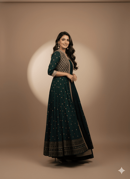 Span Green Round Neck Silk 2 PCS Set