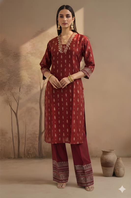 Burgundy Deep-V Silk Cord Set