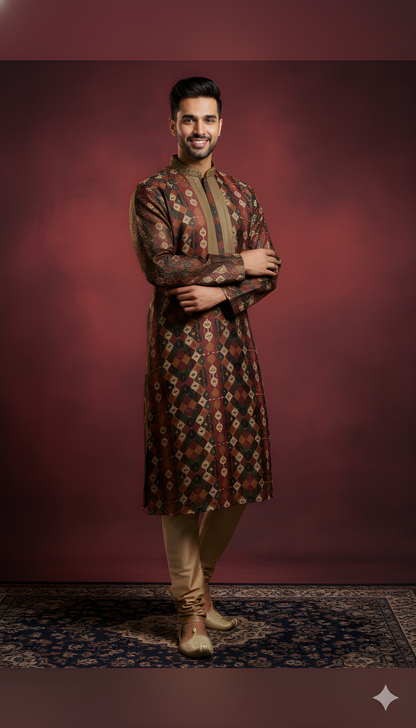 Burgundy Mandarin Neck Silk Kurta
