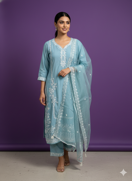 Blue Deep V-Neck Rayon Kurta Set with Dupatta