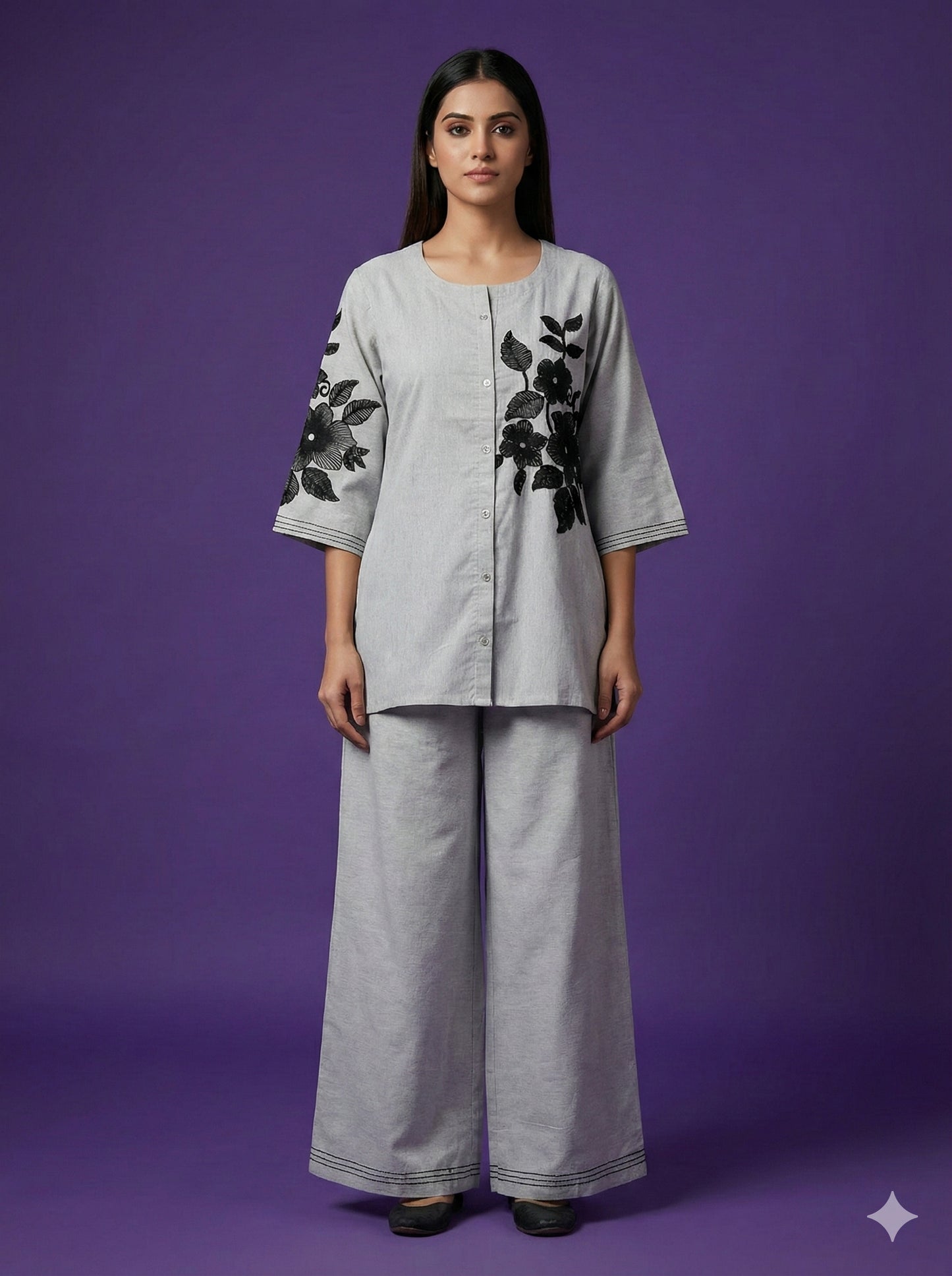 Grey Round Neck Cotton Co-ord Set