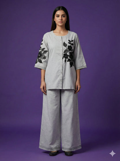 Grey Round Neck Cotton Co-ord Set