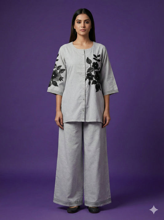 Grey Round Neck Cotton Co-ord Set