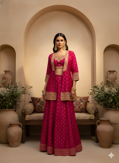 Pink Round Neck Silk Jacket Style 3 PCS Set