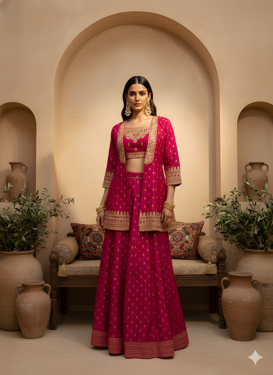 Pink Round Neck Silk Jacket Style 3 PCS Set