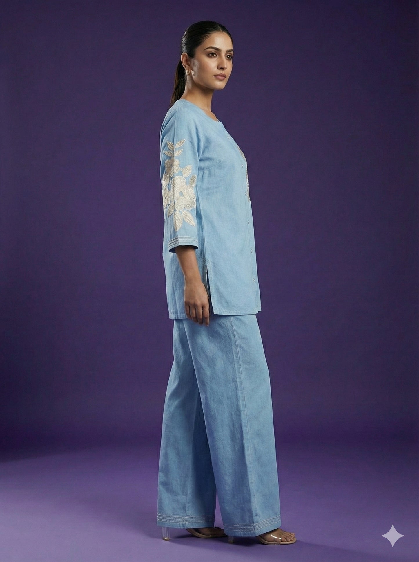 Blue Round Neck Cotton Cord Set