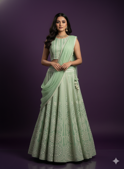 Green Round Neck Silk 3PCS Set