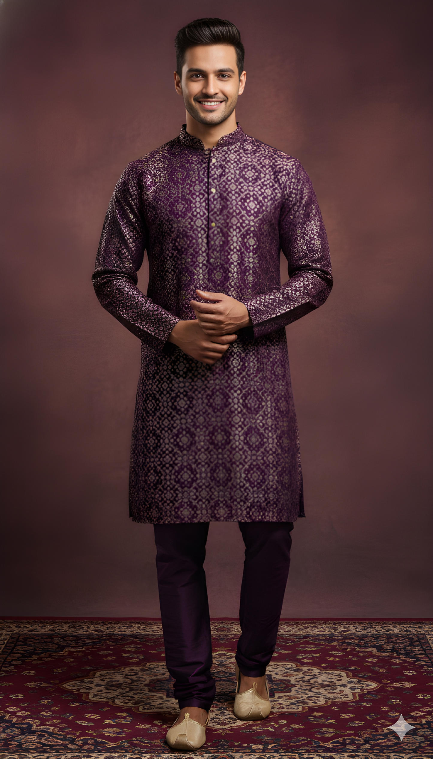 Purple Mandarin Neck Silk Kurta