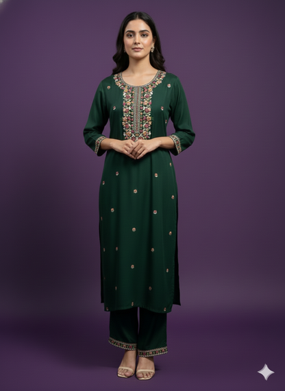 Green Round Neck Gazi Silk Kurta Set with Dupatta
