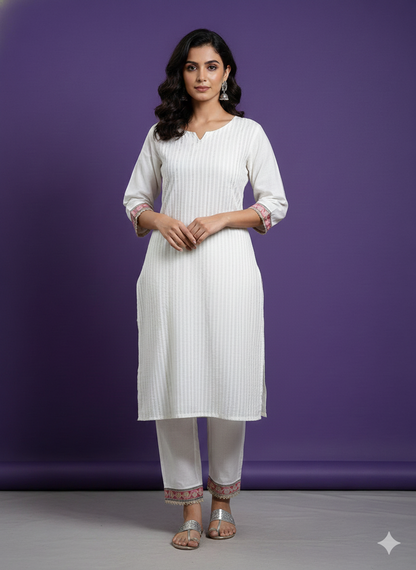 White Round V-Neck Silk 2PCS Set