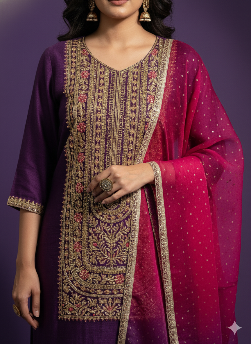 Purple V Neck Viscose Kurta set with Dupatta