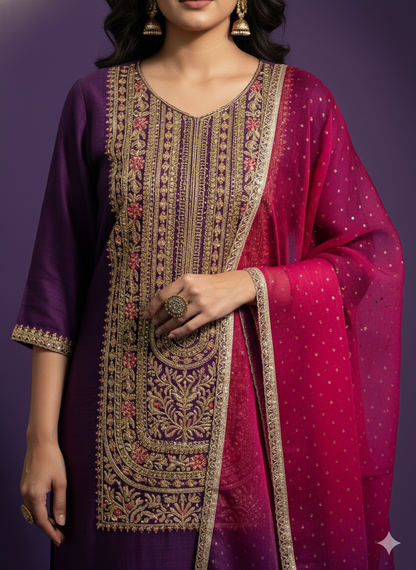 Purple V Neck Viscose Kurta set with Dupatta
