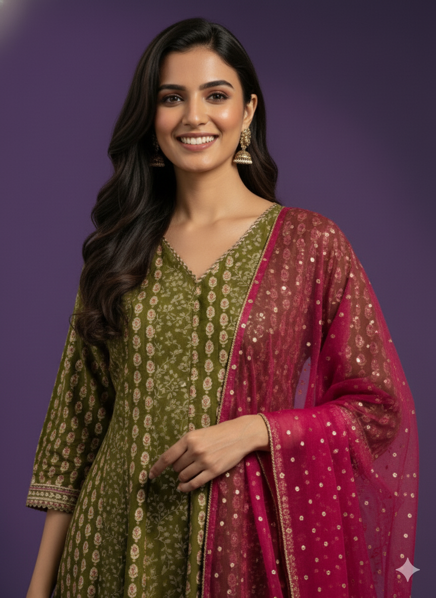 Green V-Neck Silk Kurta Set with Dupatta