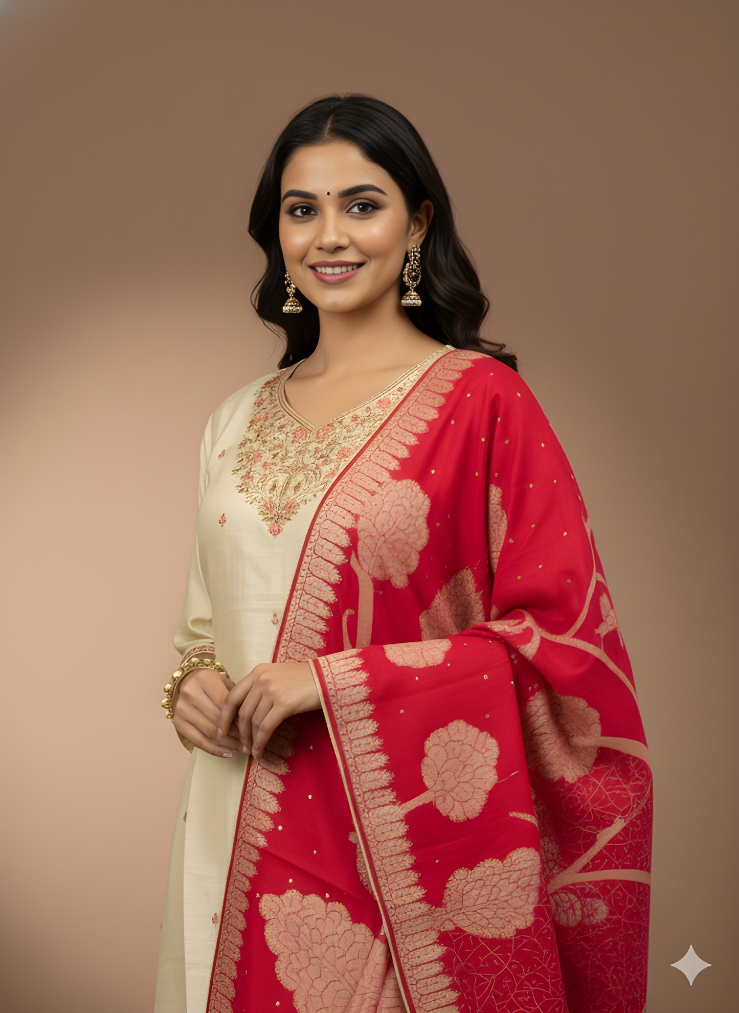 Ivory Round V Neck Viscose Kurta Set with Dupatta