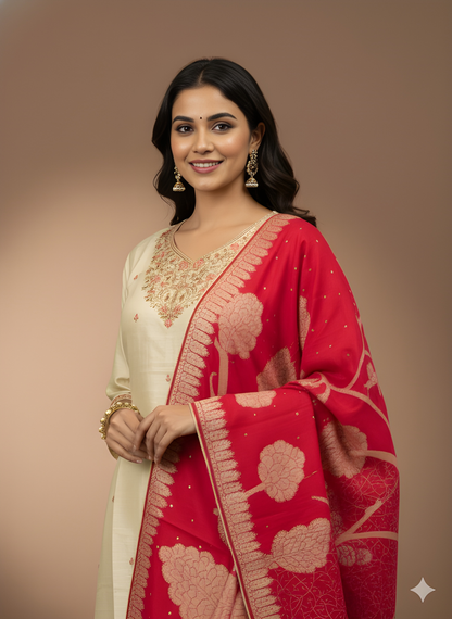 Ivory Round V Neck Viscose Kurta Set with Dupatta