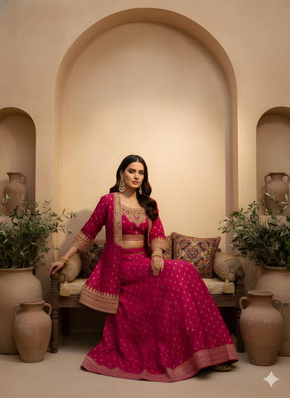 Pink Round Neck Silk Jacket Style 3 PCS Set