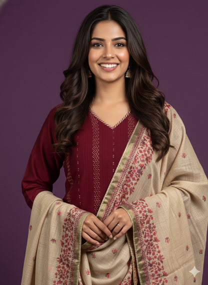 Burgundy Round V-Neck Silk 2PCS Set