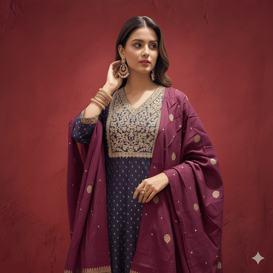 Purple V Neck Silk Kurta Set with Dupatta