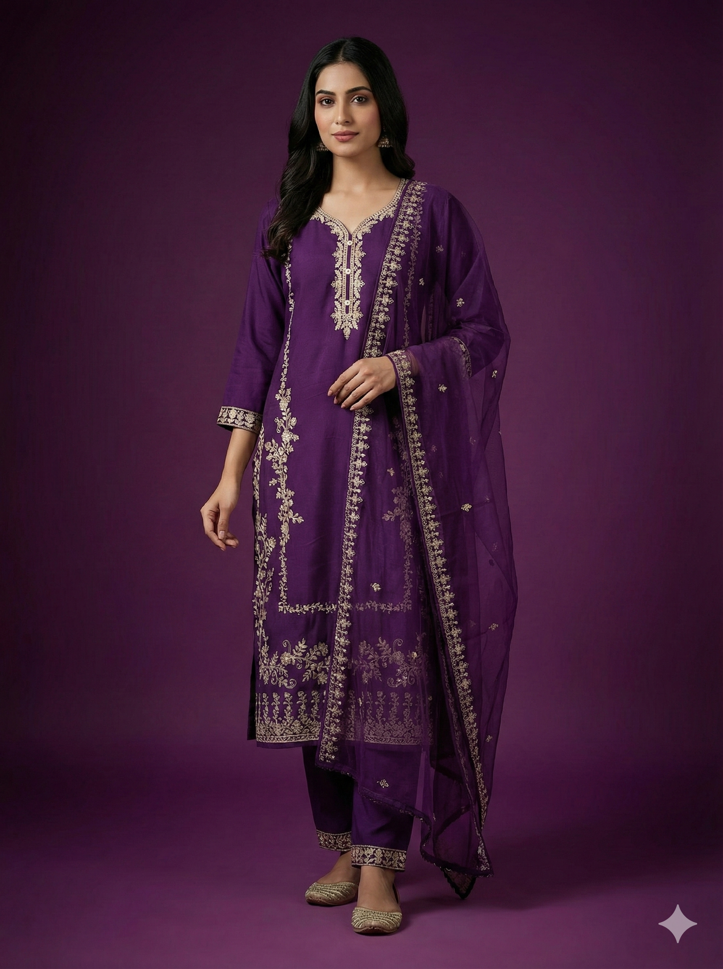 Purple Deep V-Neck Rayon Kurta Set with Dupatta