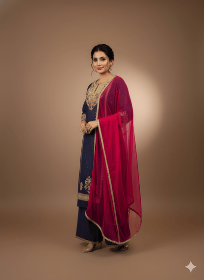 Purple Round Neck Viscose Kurta Set with Dupatta