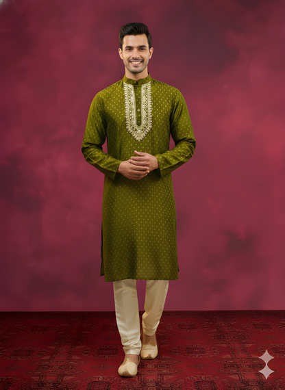 Green Mandarin Neck Silk Kurta
