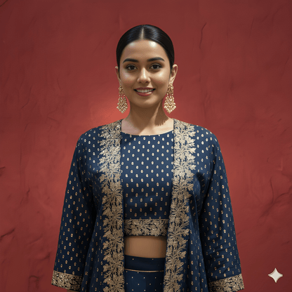 Span Blue Round Neck Silk 3 PCS Set