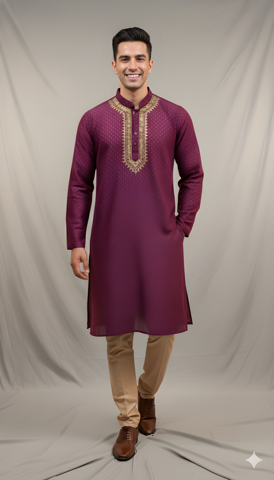 Purple Mandarin Neck Silk Kurta