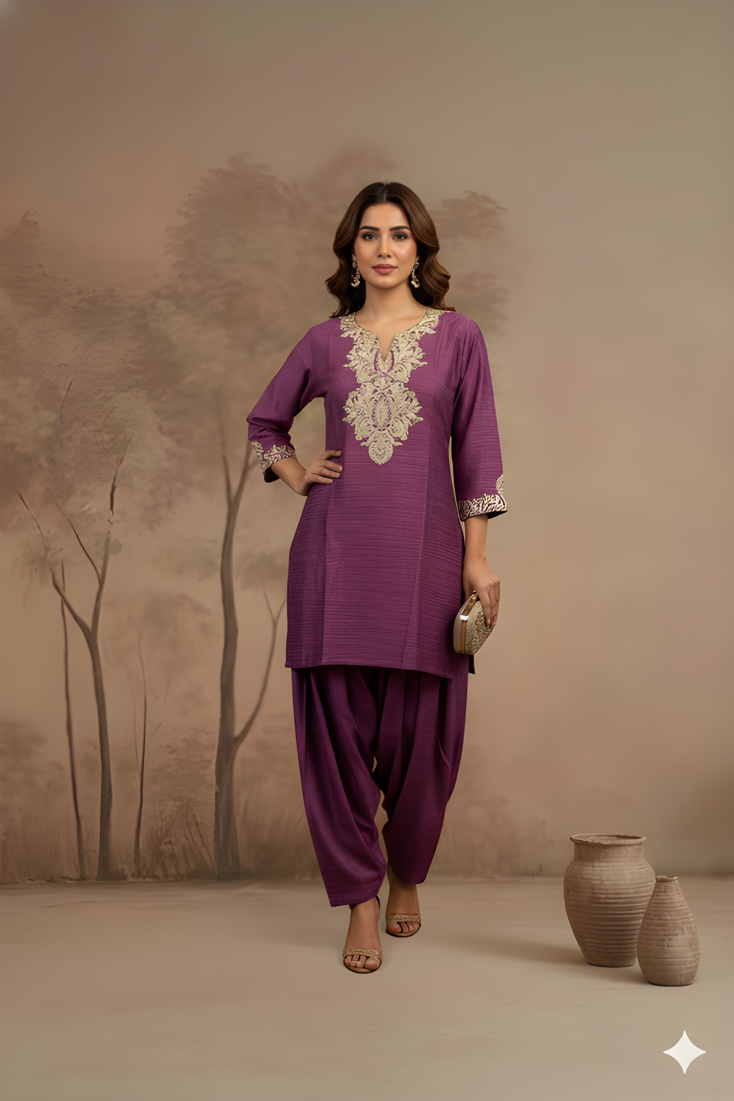 Purple Round V neck Visocse Cord Set