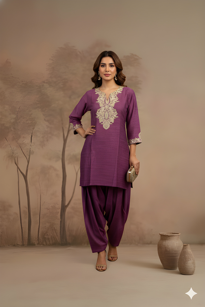 Purple Round V neck Visocse Cord Set