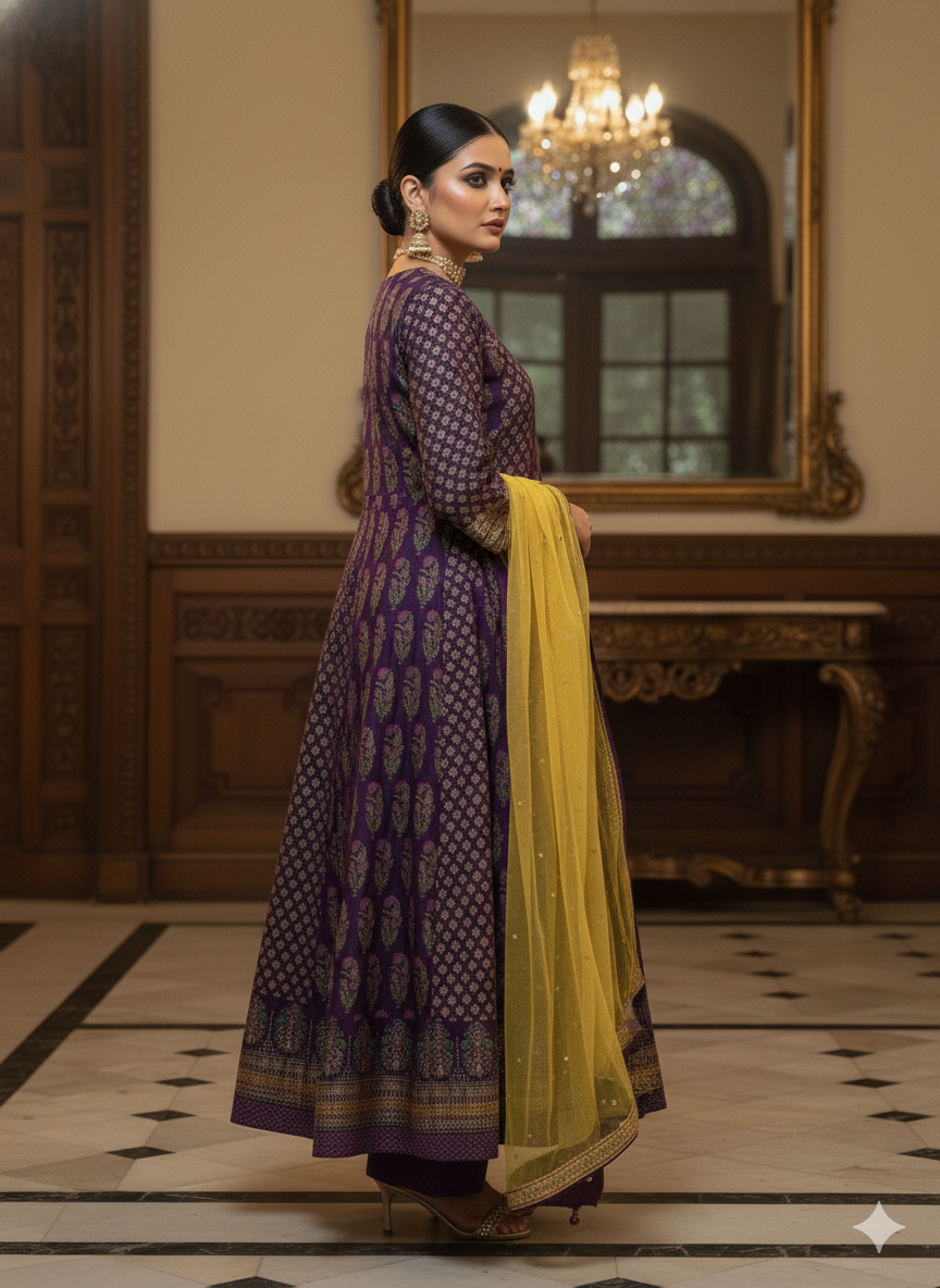 Purple V-Neck Silk Kurta Set with Dupatta