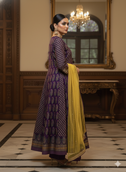 Purple V-Neck Silk Kurta Set with Dupatta