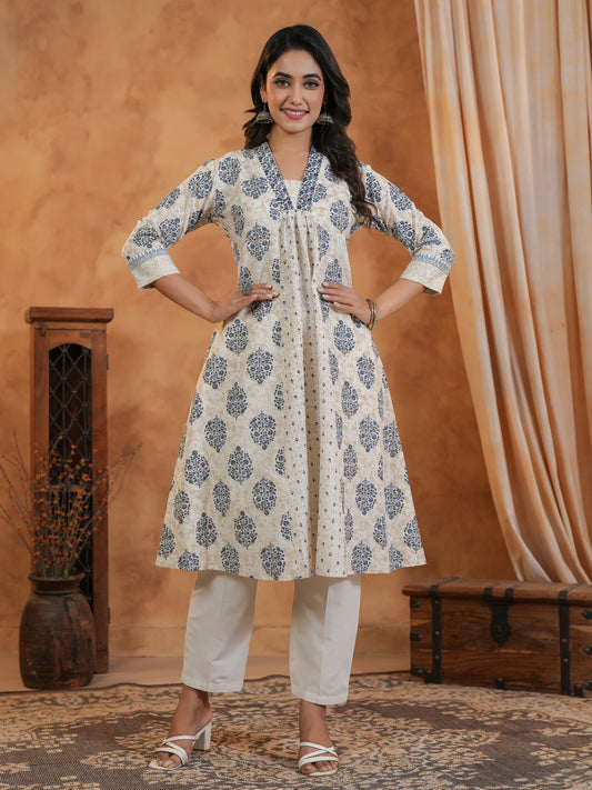Span White Deep V Cotton Kurta Set