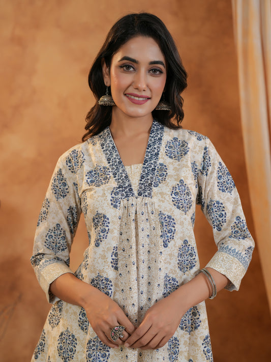 Span White Deep V Cotton Kurta Set