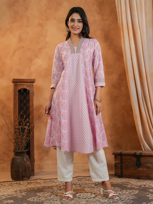 Span Pink V Neck Cotton Kurta Set