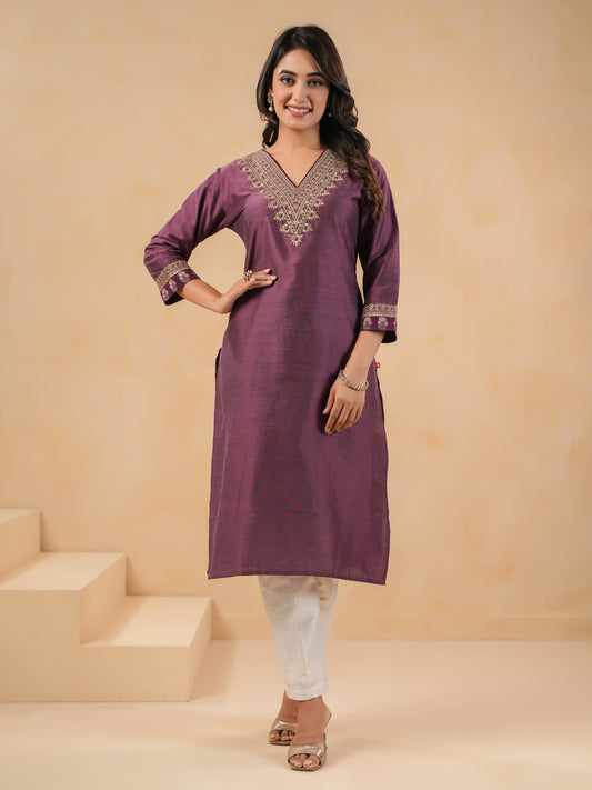 Span Purple V Neck Silk Kurta Set