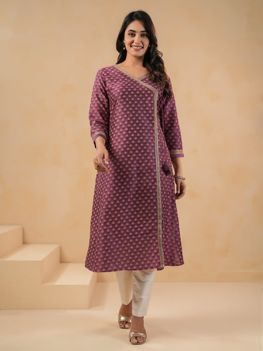 Span Purple V Neck Silk Kurta Set