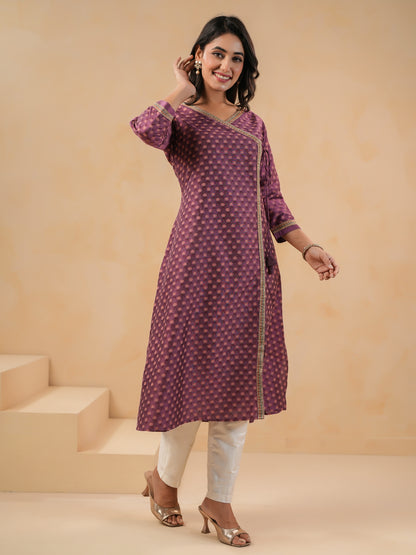 Span Purple V Neck Silk Kurta Set