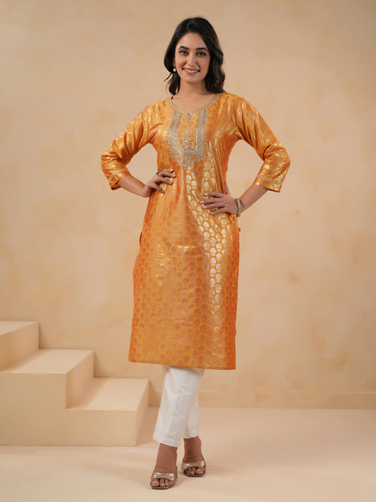 Span Yellow Round Neck Silk Kurta Set