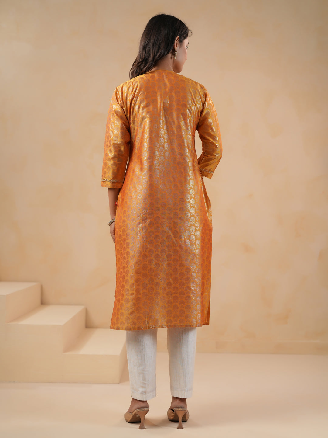 Span Yellow Round Neck Silk Kurta Set