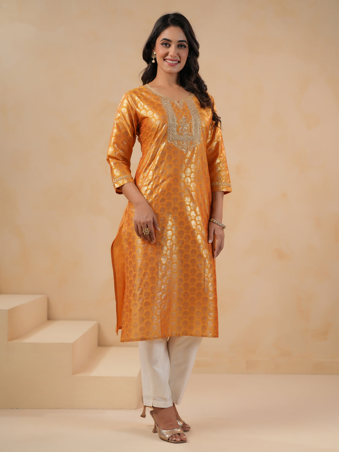 Span Yellow Round Neck Silk Kurta Set