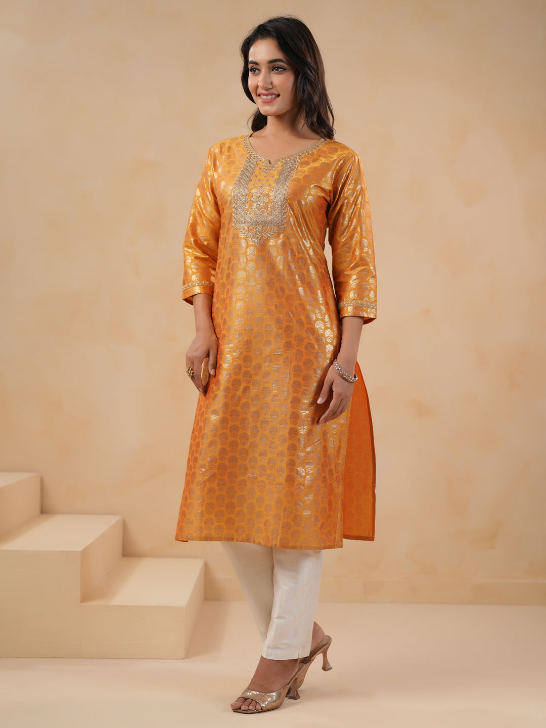 Span Yellow Round Neck Silk Kurta Set