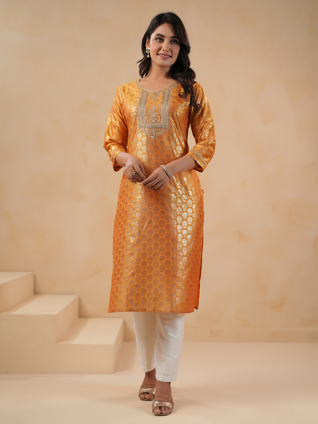 Span Yellow Round Neck Silk Kurta Set