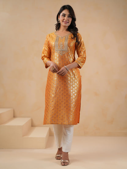 Span Yellow Round Neck Silk Kurta Set
