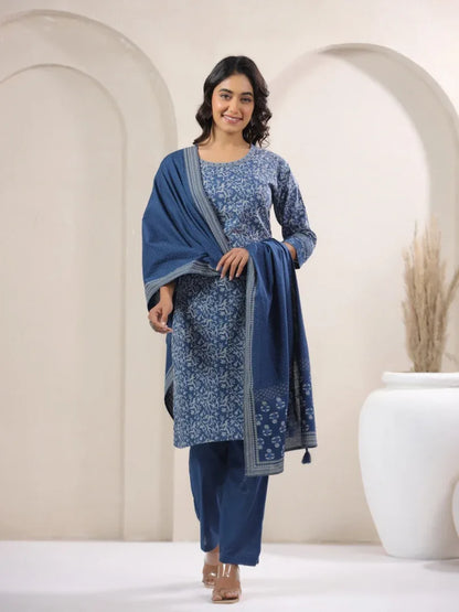 Span Blue Round Neck Cotton Kurta