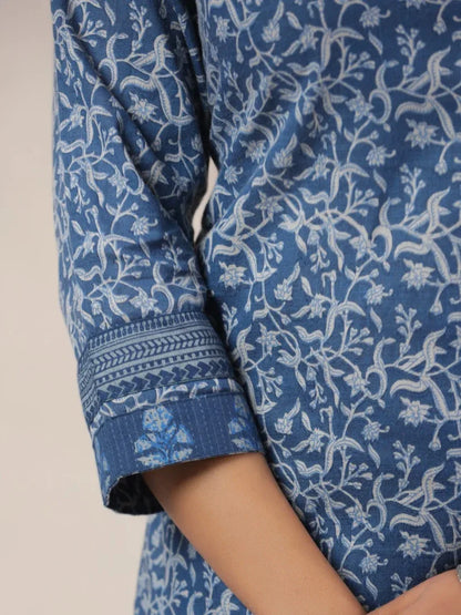 Span Blue Round Neck Cotton Kurta