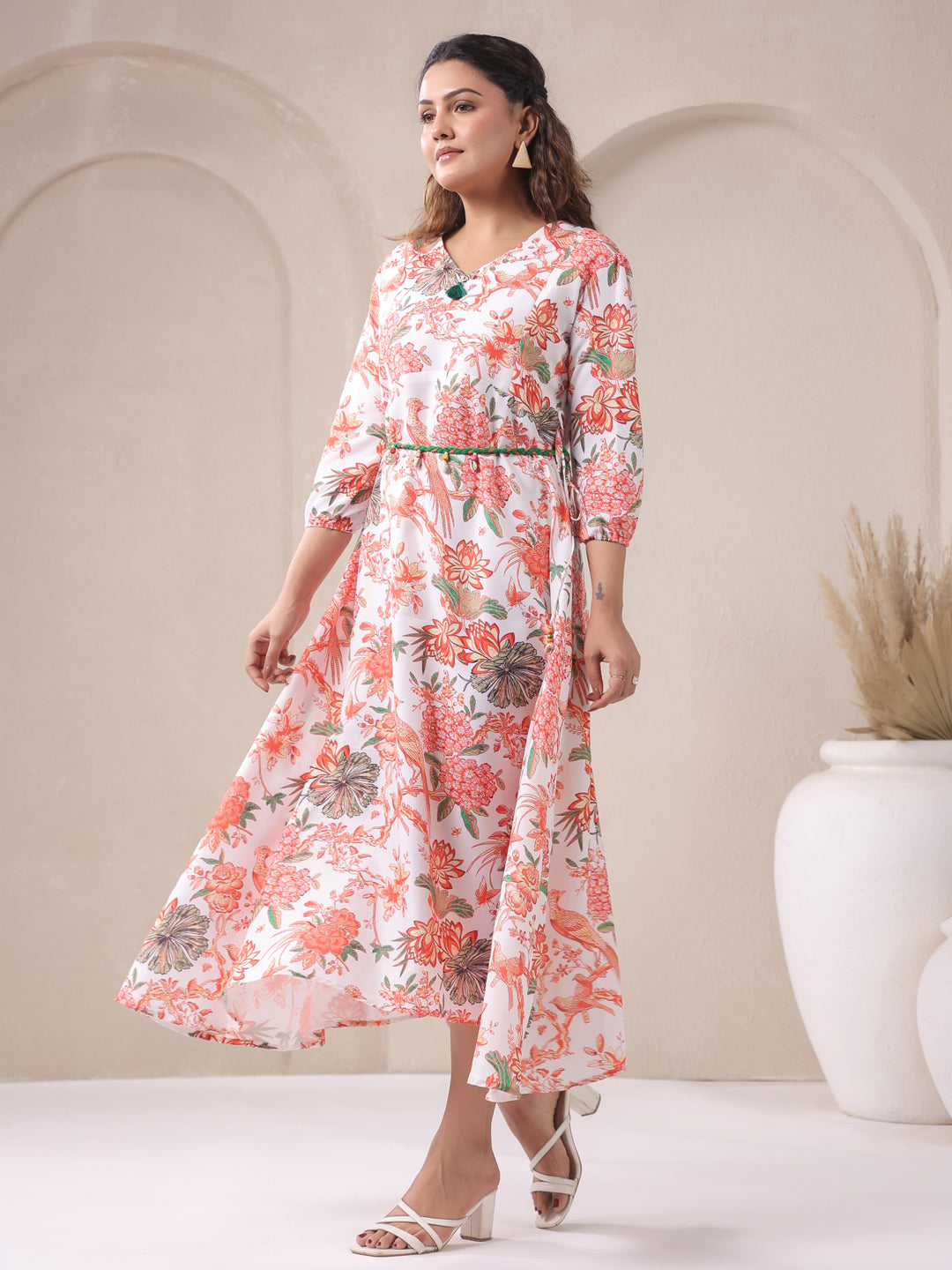 Span White V Neck Viscose Gown